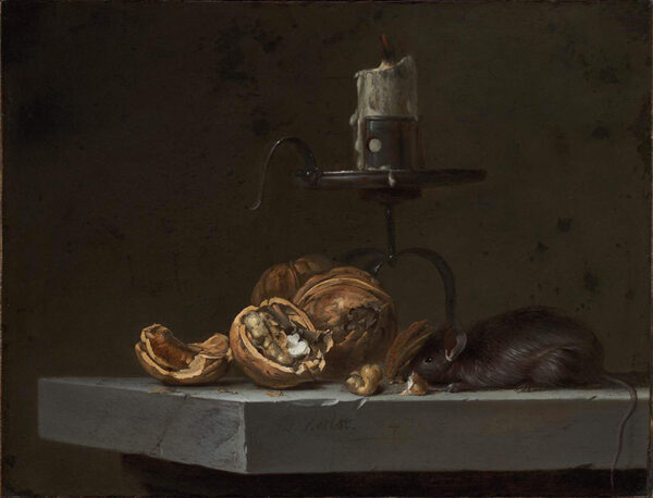 A still life with a mouse on a shelf with a candle and fruit.