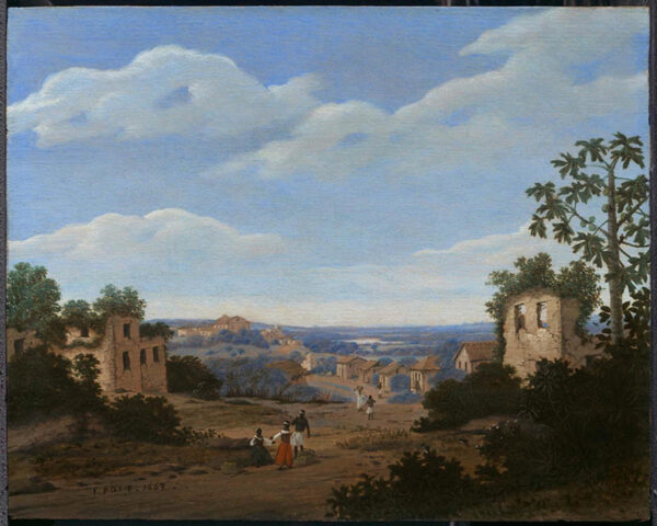 A landscape with three people in the foreground.