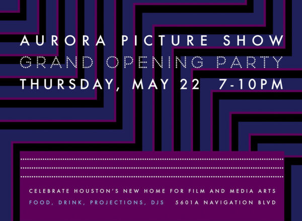 A designed graphic promoting the grand opening of Aurora Picture Show's new location.