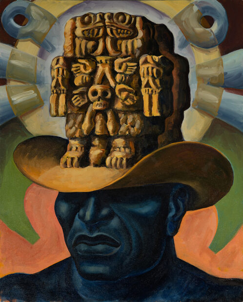 A painting by Juan J. Hernandez featuring a black figure wearing a cowboy hat shaped like the Aztec deity Coatlicue.
