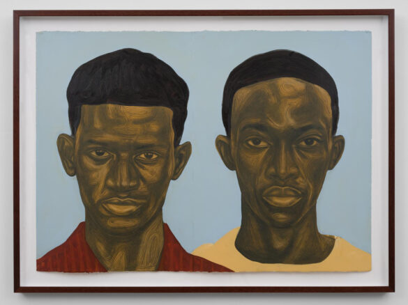 A mixed media work by Collins Obijiaku featuring two boys staring directly at the viewer.
