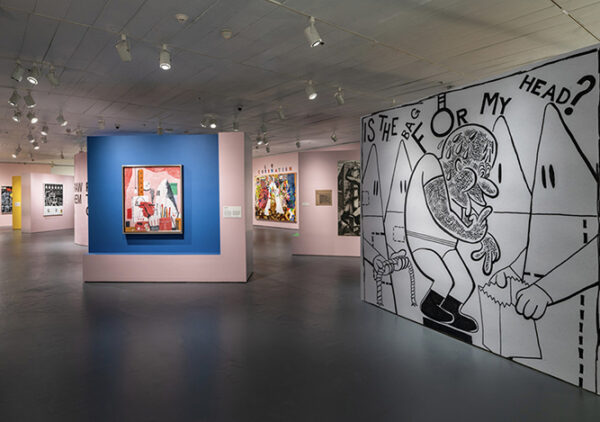An installation image of works by Trenton Doyle Hancock and Philip Guston.