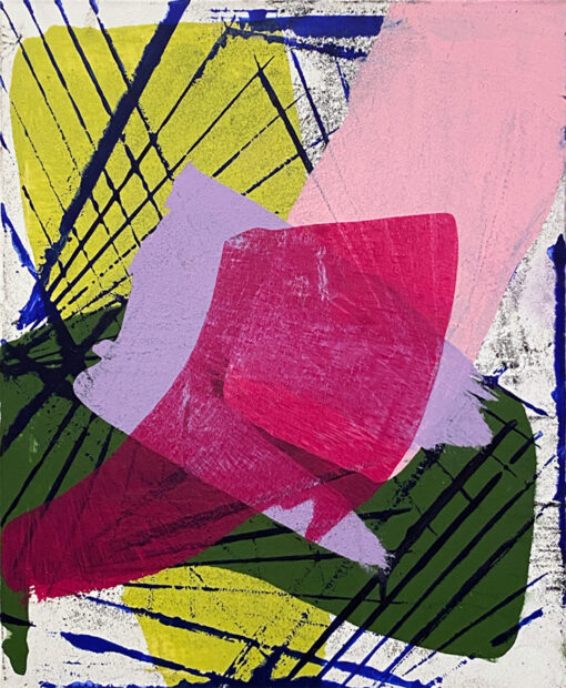 An abstract painting by Ibsen Espada featuring bright colors and black lines.