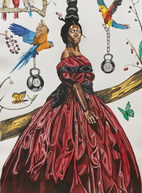 A work by David McGee featuring a woman flanked by two colorful birds holding large weights.