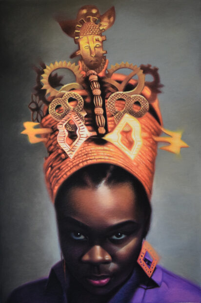 A pastel drawing featuring a woman wearing a crown.
