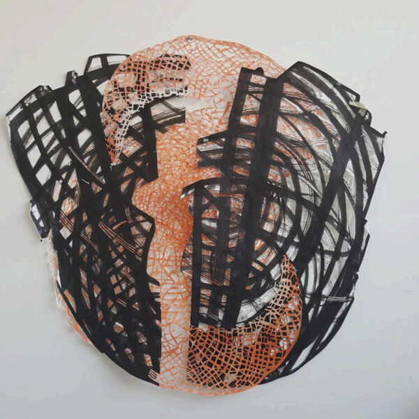 A photograph of a relief print by Monika Meler depicting a broken object.