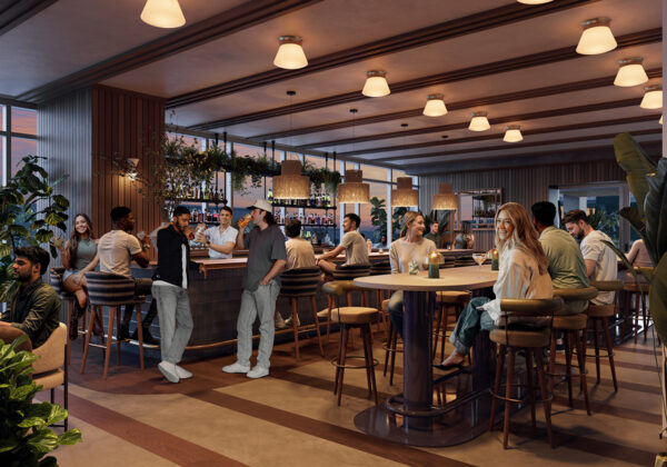 A digital rendering of a hotel bar.