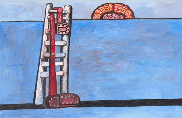 Philip Guston_The Ladder A painting by Philip Guston featuring a stylized white ladder leaning against a blue wall.