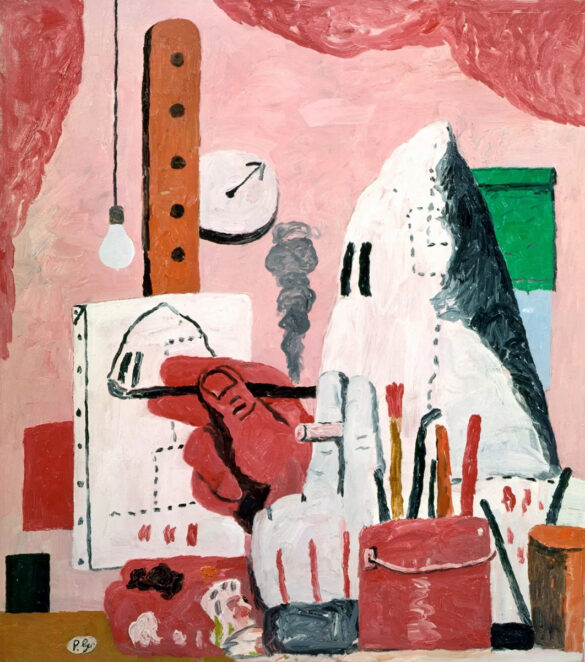 Philip-Guston_The-Studio A painting by Philip Guston of a hooded Klansman painting a self-portrait.