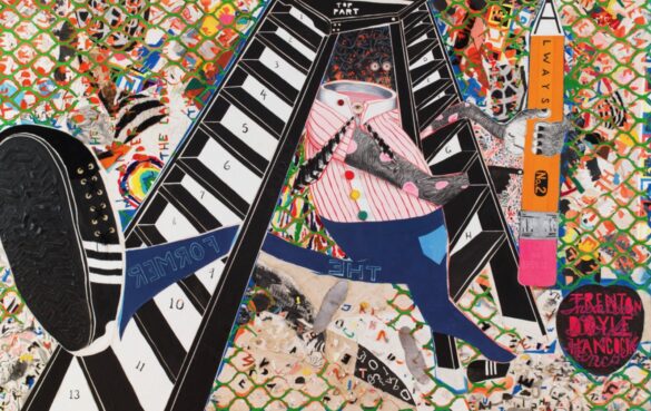 Trenton Doyle Hancock_The Ladder A large mixed media work on canvas by Trenton Doyle Hancock featuring a headless figure walking under a ladder.